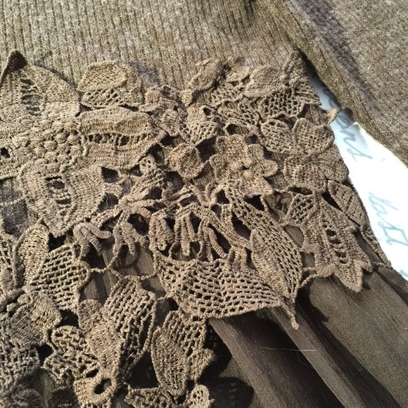 Long Top/Sweater Dress Knit With Lace and Sheer Overlay Chocolate Brown XL - Picture 4 of 14